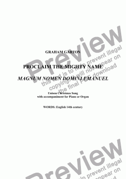 page one of CHRISTMAS SONG - ’PROCLAIM THE MIGHTY NAME’ Unison with accompaniment for Piano or Organ -  Words: English 14th Century. Suitable for Schools. 