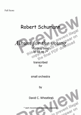 page one of Schumann Album for the young op 68 no 7 ’Hunting Song’ for small orchestra