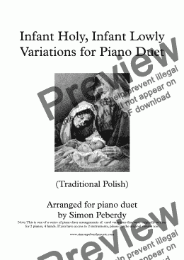 page one of Infant Holy, Infant Lowly, Carol variation for piano duet