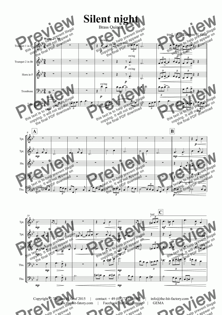 Silent Night Stille Nacht Jazz Waltz Brass Quintet Sheet Music 