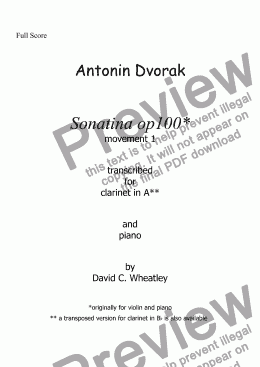 page one of Dvorak Sonatina op 100 mvt 1 (original key) transcribed for clarinet in A and piano by David Wheatley