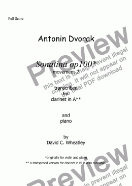 page one of Dvorak Sonatina op 100 mvt 2 (orignal key) transcribed for clarinet in A and piano by David Wheatley