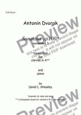 page one of Dvorak Sonatina op 100 mvt 3 - scherzo (original key) transcribed for clarinet in A and piano by David Wheatley