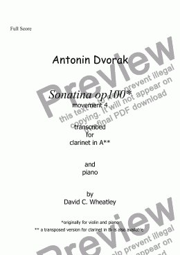 page one of Dvorak sonatina op 100 mvt 4 (original key) transcribed for clarinet in A and piano by David Wheatley