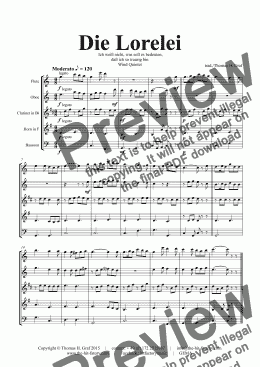 page one of Die Lorelei - Ich weiß nicht was soll es bedeuten - German Folk Song - Wind Quintet