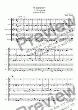 page one of Beethoven: 7th Symphony  Mvt. II.Allegretto arr. wind quintet