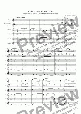 page one of CAROL - ’I WONDER AS I WANDER’ easy arrangement for FIVE FLUTES (or Fl./Ob./Cl. plus 4 Fls.) Useful for Schools