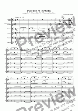 page one of INSTRUMENTAL - CAROL - I WONDER AS I WANDER’ arranged for Fl./Ob./Cl. plus Four Flutes Useful for Schools