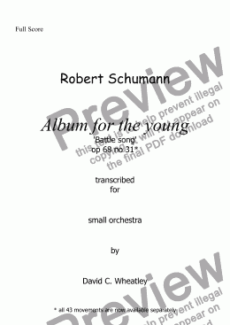 page one of Schumann Album for the young op 68 no 31 'Battle Song' for small orchestra