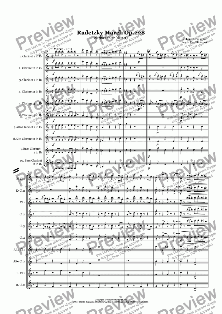 Strauss J Radetzky March Op 228 Arr Clarinet Choir Dectet 10 Players 2 Eb 4 2 Alto 2 Bass Clts