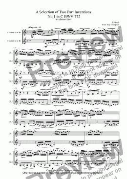 page one of Bach: " A Selection of Inventions" (Two Part Inventions nos. 1,3,4,5,6,13 & 15) arr clarinet duet ( opt. Bass clarinet)