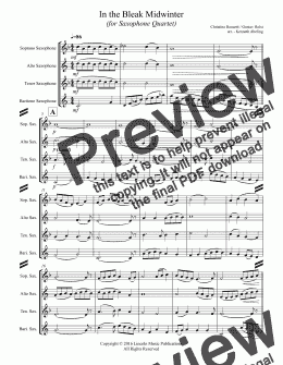 page one of In the Bleak Midwinter (for Saxophone Quartet SATB or AATB)