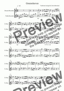 page one of Greensleeves for Descant and Tenor Recorder Duet