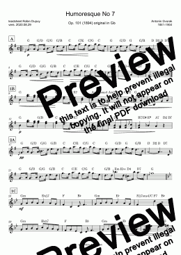 page one of Dvorak - Humoresque No 7 in G Op.101 - ユーモレスク (ドヴォルザーク) -  PDF - lead sheet Melody + chords