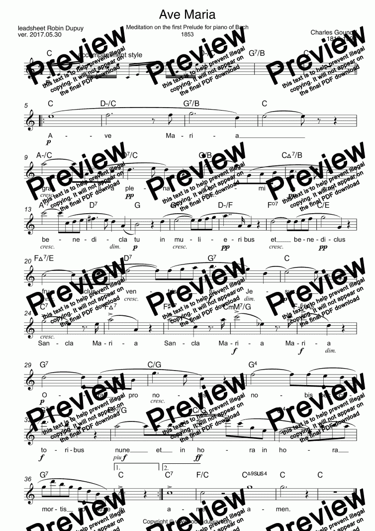 Gounod Bach Ave Maria Meditation アヴェ マリア グノー 聖母頌 巴哈 古諾 Pdf Lead Sheet Melody Chords