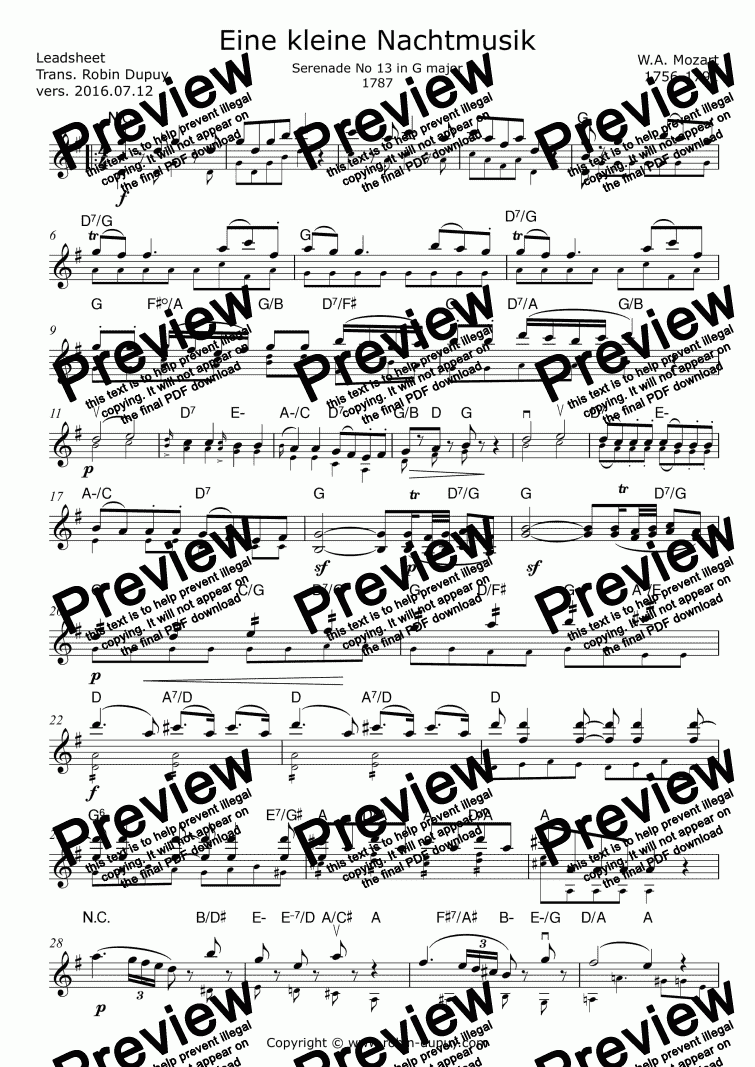 Mozart Eine Kleine Nachtmusik A Little Night Music Petite Musique De Nuit 1st Mt Pdf Lead Sheet Melody Chords