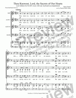 page one of Thou Knowest, Lord, the Secrets of Our Hearts (PURCELL), Lent anthem for SAB voices with opt. keyboard accompaniment, arr. by Pamela Webb Tubbs 