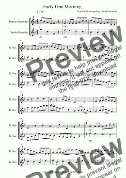 page one of Early One Morning for Descant and Treble Recorder Duet