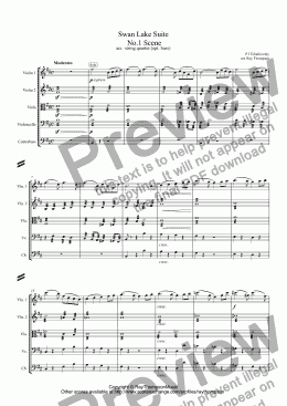 page one of Tchaikovsky:Swan Lake Suite: No.1 Scene arr. string quartet (opt. double bass)