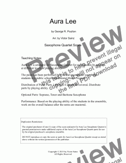 page one of  Aura Lee (beginning to intermediate saxophone choir / quartet)