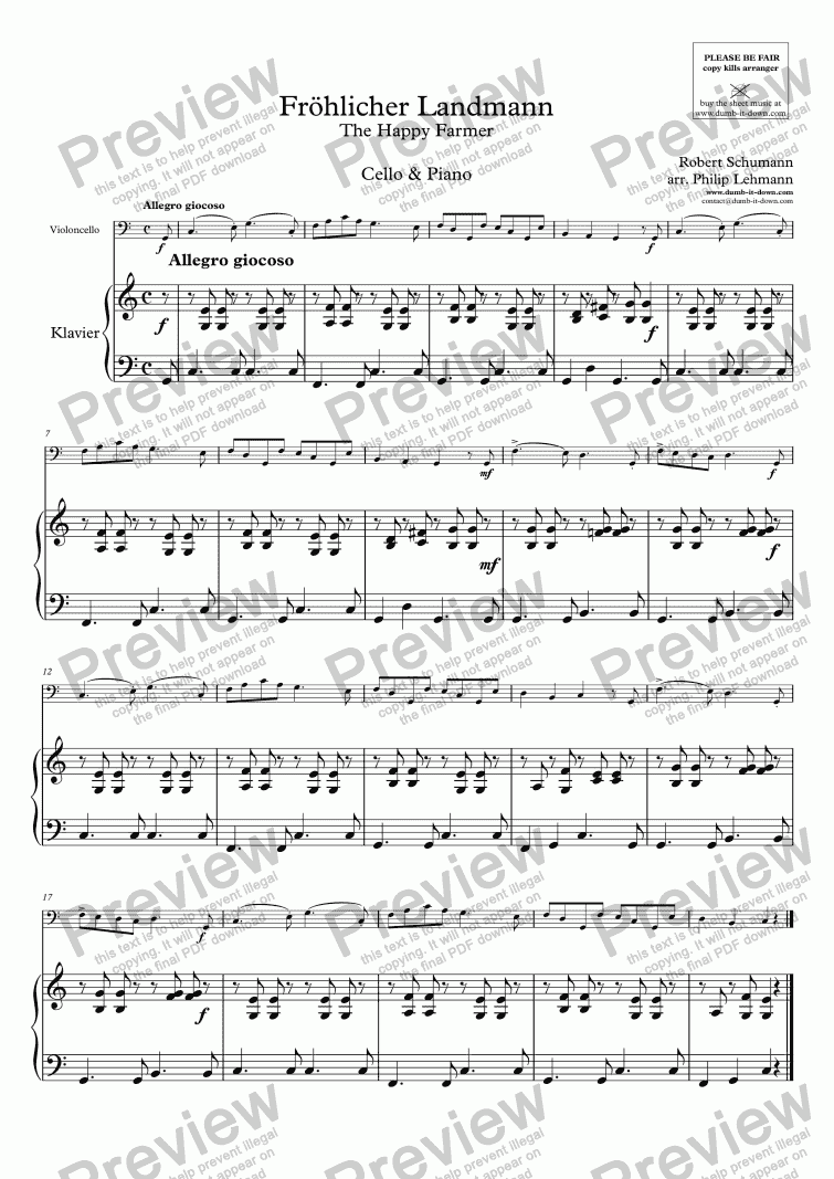 Schumann R Frohlicher Landmann The Happy Farmer For Cello Orig Piano Simplified