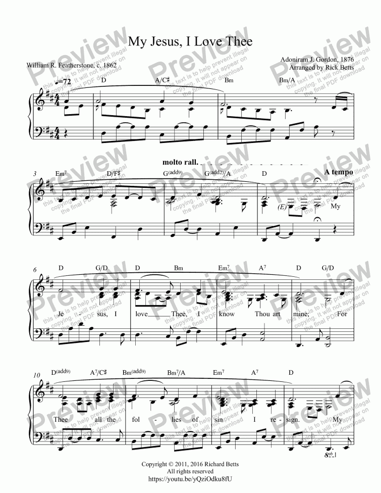 My Jesus, I Love Thee - Hymn Piano Solo - Download Sheet Music Pdf