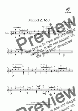 page one of Minuet Z.650 for solo guitar