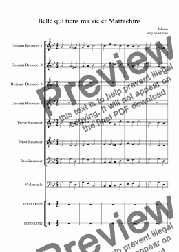 page one of Belle qui tiens ma vie et Mattachins arranged for Recorder Ensemble