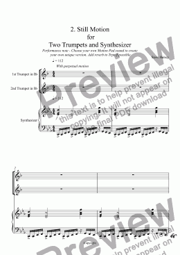 page one of 2. Still Motion  for  Two Trumpets and Synthesizer Performance note - Choose your own Motion Pad sound to create  your own unique version. Add reverb to Trps if possible