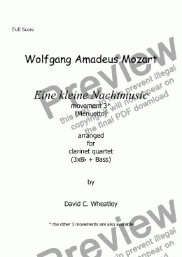 page one of Mozart - Eine kleine Nachtmusic mvt 3 (minuetto) for clarinet quartet