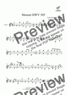 page one of Menuet HWV 505 for solo guitar