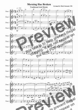 page one of Morning Has Broken, Flute choir/quartet.