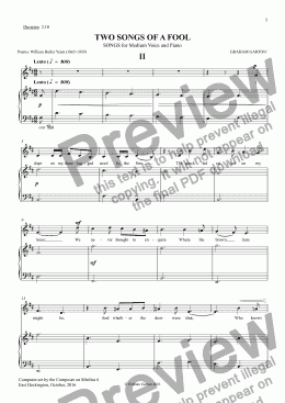 page one of SONG - ’TWO SONGS OF A FOOL No.2 for Medium Voice and Piano. Poem: W. B. Yeats (1865-1939) 'I slept on my three-legged stool'