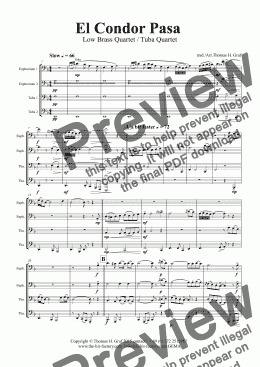 page one of El Condor pasa - Peruvian Folk Song - Low Brass Quartet/Tuba Quartet 