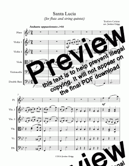 page one of Santa Lucia (for flute and string quintet) - Score and parts