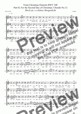 page one of BACH - From Christmas Oratorio BWV 248 Part II, For the Second Day of Christmas: Chorale No.12 Brich an, o schönes Morgenlicht (SATB Christmas Choir)