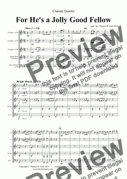 page one of For he is a Jolly Good Fellow - Folk Song and Toast - Clarinet Quintet