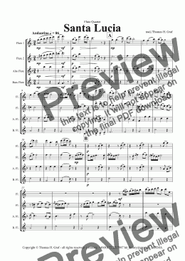 page one of Santa Lucia - Italian Folk Song - Here in the twighlight - Flute Quartet 