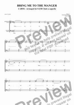 page one of CAROL - BRING ME TO THE MANGER for SATB a cappella and Piano. Words: Anna Tucker