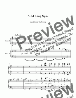 page one of AULD LANG SYNE - piano 4 hands