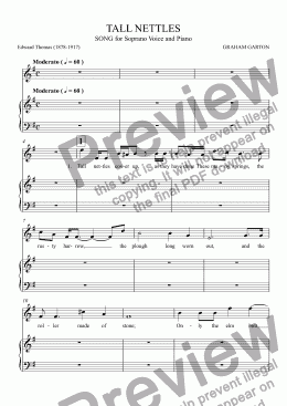 page one of SONG - 'TALL NETTLES' for Soprano Voice and Piano. Words: Edward Thomas (1898-1907)