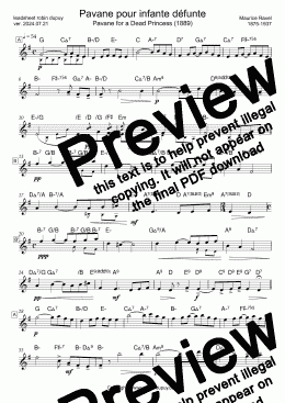 page one of Ravel - Pavane pour infante défunte - Pavane for a Dead Infanta - Pavana para una infanta difunta - 亡き王女のためのパヴァーヌ ラヴェル - 죽은 왕녀를 위한 파반느 - PDF - lead sheet Melody + chords