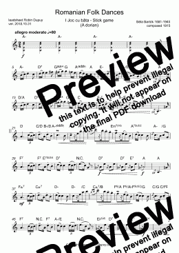 page one of Bartok - Romanian Folk Dances - Six Danses populaires roumaines - ルーマニア民俗舞曲 バルトーク - Румынские народные танцы (Барток) - PDF - lead sheet Melody + chords