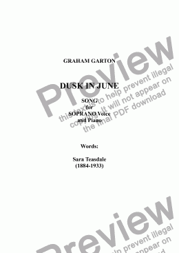 page one of SONG - 'DUSK IN JUNE' for SOPRANO VOICE and Piano. Words: Sara Teasdale (1884-1933)