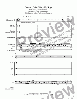 page one of Dance of the Wind-Up Toys for Clarinet, Violoncello Solo,  and One to Three Percussionists; With Optional Mime Performer or Dancer(s)