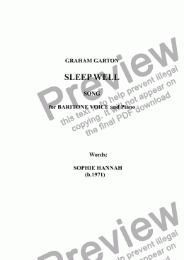 page one of SHORT SONG - 'SLEEP WELL' for BARITONE Voice and Piano. Words: Sophie Hannah (b.1971)