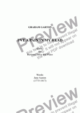 page one of SONG - 'I'VE A PAIN IN MY HEAD' for Baritone Voice and Piano. Words: Jane Austen (1775-1817)