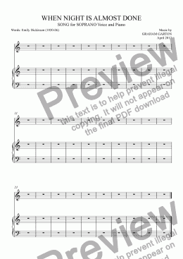 page one of SONG - 'WHEN NIGHT IS ALMOST DONE' for SOPRANO Voice and Piano. Words: Emily Dickinson (1830-86)