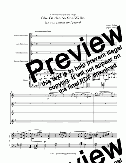 page one of She Glides As She Walks (for sax quartet and piano) - Score and parts