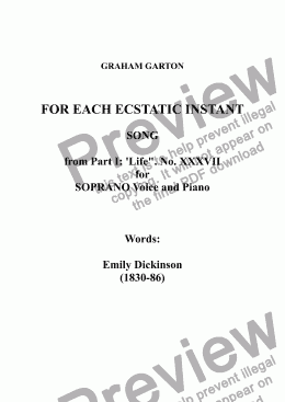 page one of SONG - 'FOR EACH ECSTATIC INSTANT' for SOPRANO Voice and Piano. Words: Emily Dickinson (1830-86)